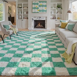 PureCozy Checkered Rug 8x10 for Living Room, Green and White Modern Shag Rug Washable Non-Slip Large Area Rug Super Soft Indoor Fuzzy Carpet Fluffy Rugs for Bedroom Home Aesthetic Decor