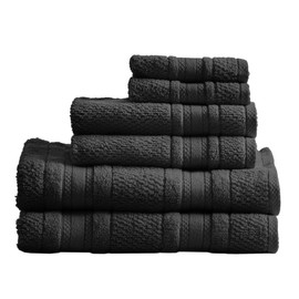 Madison Park Essentials Adrien 100% Cotton Soft Bathroom Towel Set, Highly Absorbent, Zero Twist, Quick Dry, Include 2 for Shower, 2 Hand & 2 Facial Wash Cloth, Assorted Sizes, Black 6 Piece