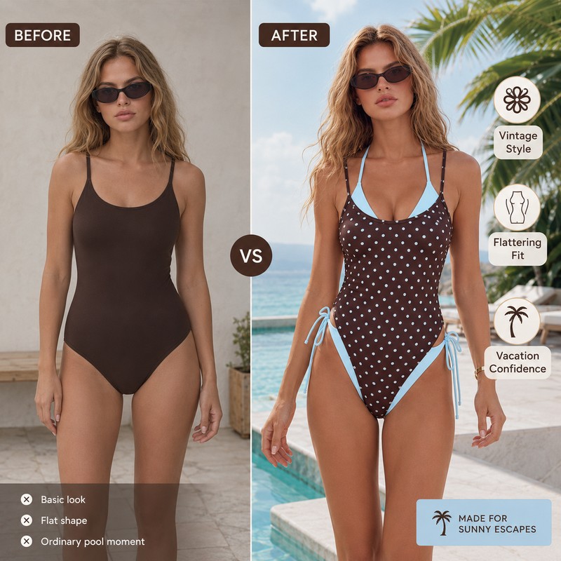 Vintage Polka Dot One-Piece Swimsuit for Women – Reversible Halter