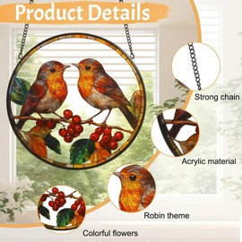 Acrylic Round Robin Suncatcher, Memorial Theme Sun Catcher with Chain, Sun Catchers for Windows, Robin Garden Ornaments Outdoor, 7.9 * 7.9Inch, 1.4oz