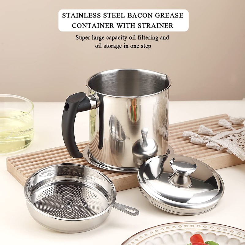 Kyraton Bacon Grease Container With Strainer, 48 oz Stainless Steel