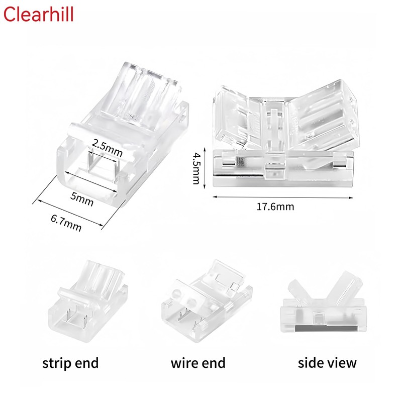Clearhill 5mm 2Pin 20Pcs Transparent Solderless LED Light Strip Connectors,Strip