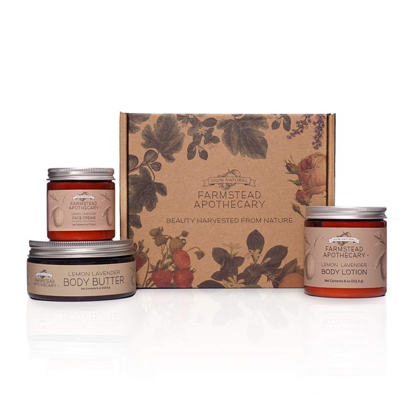 Farmstead Apothecary Gift Set in Lemon Lavender- with 4oz Face Cream, 8 oz Body Lotion, 8 oz Body Butter