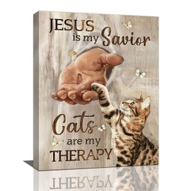 Christian Cat Wall Art Cat Jesus Pictures Wall Decor Religious Butterfly Canvas Prints Framed Modern Hand of God Painting Artwork for Bedroom Living Room Church Bathroom Office 12"x16"