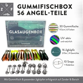 Zanderfang - Rubber Fish Box with Jig Head for Zander Fishing with Rubber Fish - 30 Zander Rubber Fish in 6 Colours in 9.5 cm - 16 Jig Heads Size 2/0: 5-20 g + 10 Hooks (Snaps)