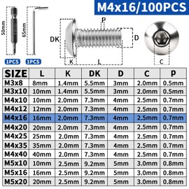 XRXYMQ Pack of 100 Rounded Head Screws M4 x 16 mm Flat Head Screws Hexagon Socket 304 Stainless Steel Screws Round Head Screws Full Thread Machine Screws for Furniture Installation Wood Mounting