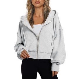 Trendy Queen Hoodies for Women Full Zip Up Cropped Sweatshirts Jackets Casual Comfy Gym Tops Fall Outfits Winter Clothes 2024 Grey L