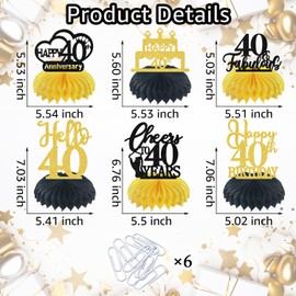 6Pcs Happy 40th Birthday Honeycomb Centerpiece, Hello 40, 40th Birthday Table Decoration, Cheers to 40 Years Decoration, 40 Years Old Birthday Decor, Funny 40th Anniversary Supplies Gold Black Glitter