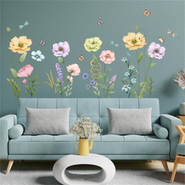 Countryside Wildflowers Wall Decals Spring Flowers Butterfly Wall Stickers Peel and Stick Removable Girls Bedroom Living Room Entryway Wall Art Murals Kids Baby Nursery Wall Decor Home Decoration