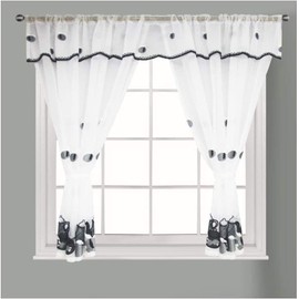 Householdfurnishing Embroidered Kitchen Window Pair Curtains Set Rod Pocket with Attached Valance & Tiebacks (Black White, W 48 x L 48 Inch)