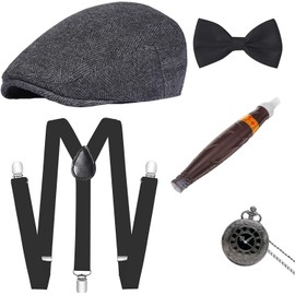 shoperama 5-Piece 20s Costume Accessory Set Men's Flat Cap Braces Bow Tie Watch Cigar