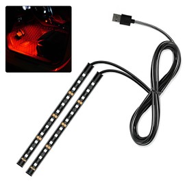 Ongfuwu Car LED Strip Light, 12V 24 LED Interior Atmosphere Lights Under Dash Ambient Night Light, Universal Auto Interior Decorative Lamp with USB Port, Truck SUV Car Accessories (Red, USB)