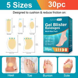 Blister Plasters for Feet - 30ct Mixed Size Hydrocolloid Gel Pads for Heels, Toes & Soles | Water-Resistant Protection & Comfort