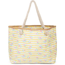 styleBREAKER 02012287 Women's XXL Beach Bag with Stripes and Melon Fruit Print Zip Shoulder Bag Shopper, yellow-white