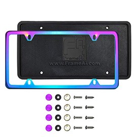 Silicone Back Guard Four Holes Slim License Plate Holder Neon Neo Chrome Mirror License Plate Frame T304 Stainless Steel + Metal Screw Caps