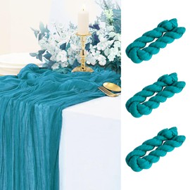 Table Runner Cheesecloth 10 FT Boho Rustic Gauze Table Runner for Wedding Spring Decor Cheese Cloth for Baby Shower Birthday Home Decor (Peacock Blue, 3 Pack)
