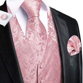 Hi-Tie Blush Pink Suit Vest For Men Jacquard Silk Tie Handkerchief Lapel Pin Gold Tie Clip Paisley Floral Casual Waistcoat Tuxedo Wedding Party Business