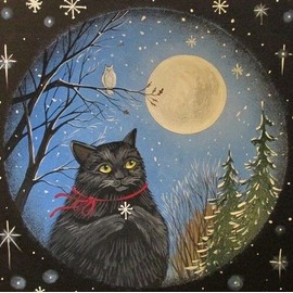 8x8 PRINT OF PAINTING FOLK ART RYTA BLACK CAT TREE SNOWFLAKE SNOW OWL Christmas