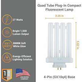 Diodesy- Pack of 3 FML27/30K FML Compact Fluorescent Light Bulb, Quad Tube Plug-in Lamp, 27 Watts, 3000K Soft White, Reading Lamp Bulb with GX10Q 4-Pin Base, Desk Lamp Fluorescent Bulb, 1500 Lumen