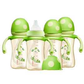 YOHKOH Natural PPSU Baby Bottle with Natural Response Nipple, Newborn Anti-Colic Baby Bottles with Handle, Wide Neck Mushroom Cap Baby Bottle (8.8oz (Pack of 4), Green1)