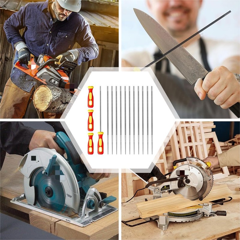 Pack of 12 Round Files for Chainsaws, with 4 Handles,