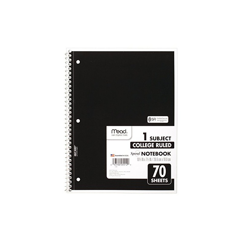 Mead Spiral Notebooks, 1 Subject, College Ruled, 70 Sheets, Black