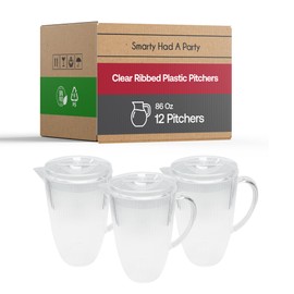 Smarty Had A Party 12 Clear Ribbed Plastic Pitchers 86 oz. Plastic Pitcher with Lid for Water and Juice, Containers with Lids