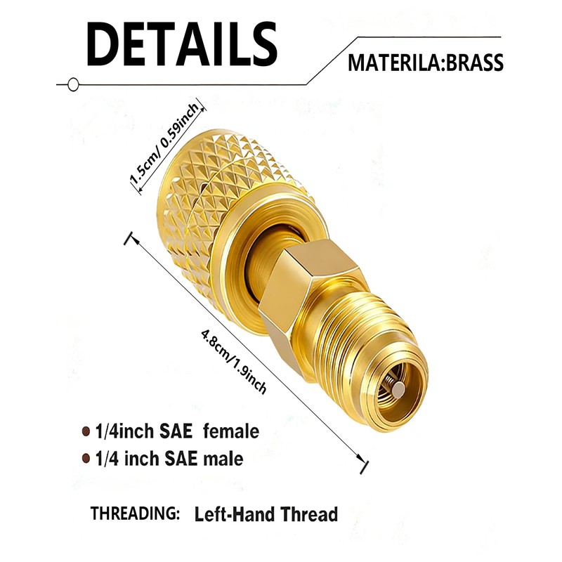 R32 R454B Brass Adapter,1/4"Female X 1/4" Male Reverse Thread Refrigerant