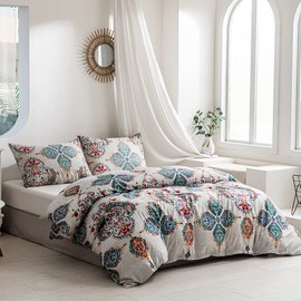 Damier Bohemian Bed Linen 200 x 200 cm, Turquoise Boho Indian Mandala Duvet Cover with Concealed Zip and 2 Pillowcases 80 x 80 cm, Soft Microfibre Duvet Cover Set, 3 Pieces