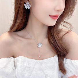 IMINI Crystal Flower Drop Y Necklace for Women Girls Cubic Zirconia Diamond Shell Pearl Charms Pendant Choker Chain Adjustable Fashion Shiny Wedding Birthday Anniversary Jewelry Gift Box