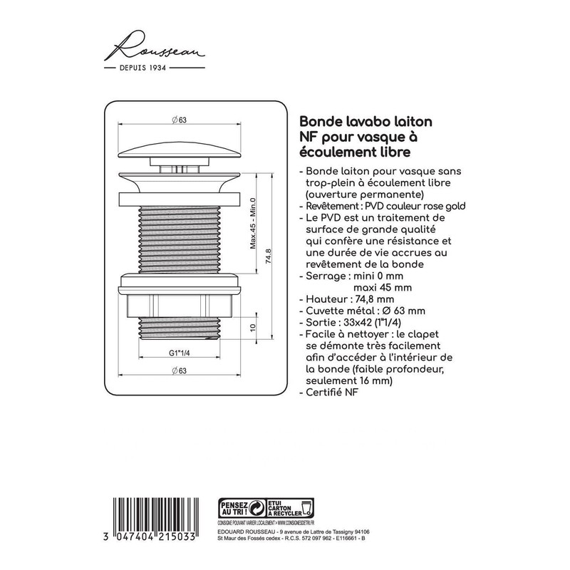 Edouard Rousseau Rose Gold Waste without Overflow