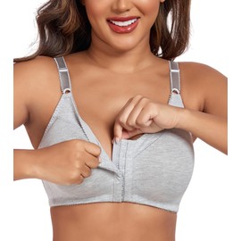 DotVol Women's Front Closure Full Cup Without Underwire Large Sizes Cotton Comfort Bra, gray
