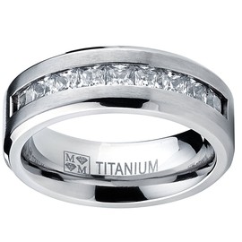Titanium Men's Wedding Band Engagement Ring with 9 large Princess Cut Cubic Zirconia Size 8.5