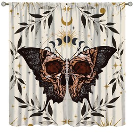Moon Butterfly Curtains for Bedroom,Vintage Rustic Bohemian Botanical Sun and Moon Beautiful Gothic Moon Phase Skulls Moths Window Drapes for Kids Boys Girls Living Room Kitchen 42x45in（No Blackout）