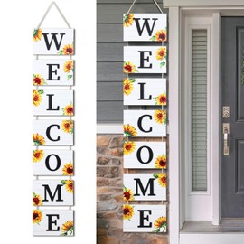 Threan 59 Inch Sunflower Welcome Sign Wooden Porch Sign 3D Welcome Hanging Wall Signs with 7 Sunflower Panels Farmhouse Front Porch Summer Outdoor Decor Rustic Wooden Signs for Home Kitchen Garden