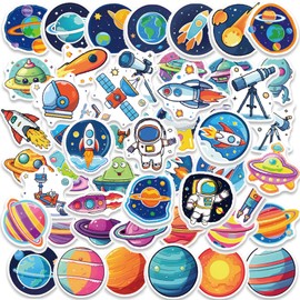 Pack of 50 Astronaut Space Stickers Planets Stickers Waterproof Vinyl Cartoon Space Stickers with Star Planet Space Rocket Telescopic Motifs Funny Alien Stickers for Children and Space Fans