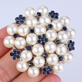EVER FAITH Women's Crystal Cream Simulated Pearl Elegant Flower Cluster Brooch Pin Blue Silver-Tone