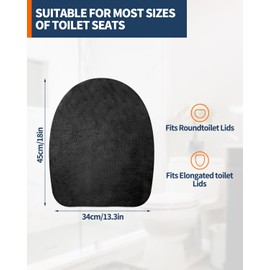 Soft Velvet Toilet Seat Cover, Machine Washable Toilet Seat Covers with Elastic Edges, Fits Most Round,Elongated Toilet Lids, Plush Comfort (Black)