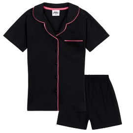 CityComfort Girls' Short Pyjamas Set with Buttons Pyjamas Teenager Cotton Short Sleeve Summer Loungewear Set, black
