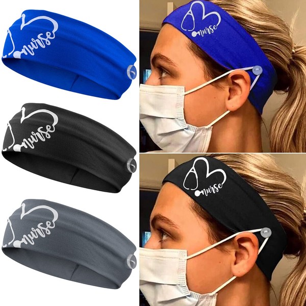 CODACE 3 Packs Nurse Headbands with Buttons, Face Cover Holder, Reduce Ear Pain, Elastic Hair Bands for Women Nursing Healthcare Worker(Blue, Black, Grey)
