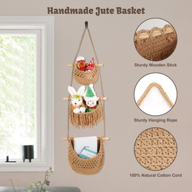 SANHSEHOME 3 Tier Hanging Fruit Basket for Kitchen, Handmade Woven Cotton Hanging Wall Basket for Fruit Vegetable with 6 Hooks, BOHO Style Over the Door Organizer for Bathroom Bedroom