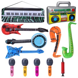 KINBOM 16 Pcs Inflatable Rockstar Toy Set, Inflatable Instruments Set, Inflatable Guitar Lute Microphone Saxophone Bass Radio Keyboard Glasses Inflatable Toys Bulk for Rock n Roll Party Decorations