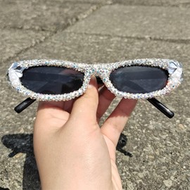 willochra rectangle Rhinestone Sunglasses for Women, Retro Oval Crystal Diamond Frame Costume Party Glasses (black)