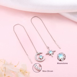 Threader Earrings for Women Girls 925 Sterling Silver Moonstone Moon Star Earrings Tassel Threader Chain Earrings for Girls