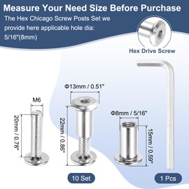 MECCANIXITY Hex Drive Socket Cap Bolt, 10 Set Binding Screw Posts Fit for 5/16"(8mm) Hole Dia Male M6 x 20mm Carbon Steel Binding Bolts with Hex Wrench for Leather Scrapbook Furniture