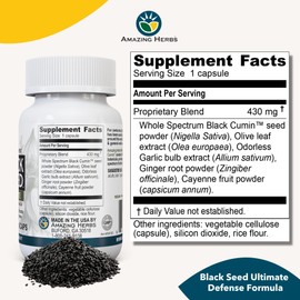 Amazing Herbs Whole Spectrum Black Seed Ultimate, Vegetarian Capsules - Olive Leaf & Garlic Extracts Plus Ginger & Cayenne, Gluten Free, Non GMO, Vegan - 100 Count