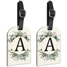 Zewurtuw 2 Pack Initial Letter Luggage Tag Monogram Tag PU Leather Monogrammed Suitcase Tags Cute Leaves Aesthetic Travel Bag Labels for Women Girls(Letter-A)