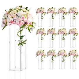 Geetery 12 Pieces 28 Inch Tall Acrylic Vase Wedding Centerpieces Clear Flower Stand Column Geometric Floral Vase Elegant Display Holder for Birthday Party Wedding Table Decorations