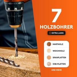 MEISTERGRIFF® Wood Drill Bit Set Long [7 Pieces] - Extra Sharp Drill - Sturdy and Shatterproof Auger Drill Bit - Diameter 4, 5, 6, 7, 8, 10, 12 mm