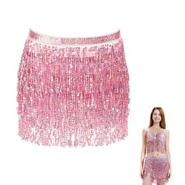 KGDUYC Women's Ballet Skirts, Belly Dance Waist Chain, Indian Dance, Hip Scarf, Bohemian Sequin Tassel Hip Scarf, Performance Costume (Pink)